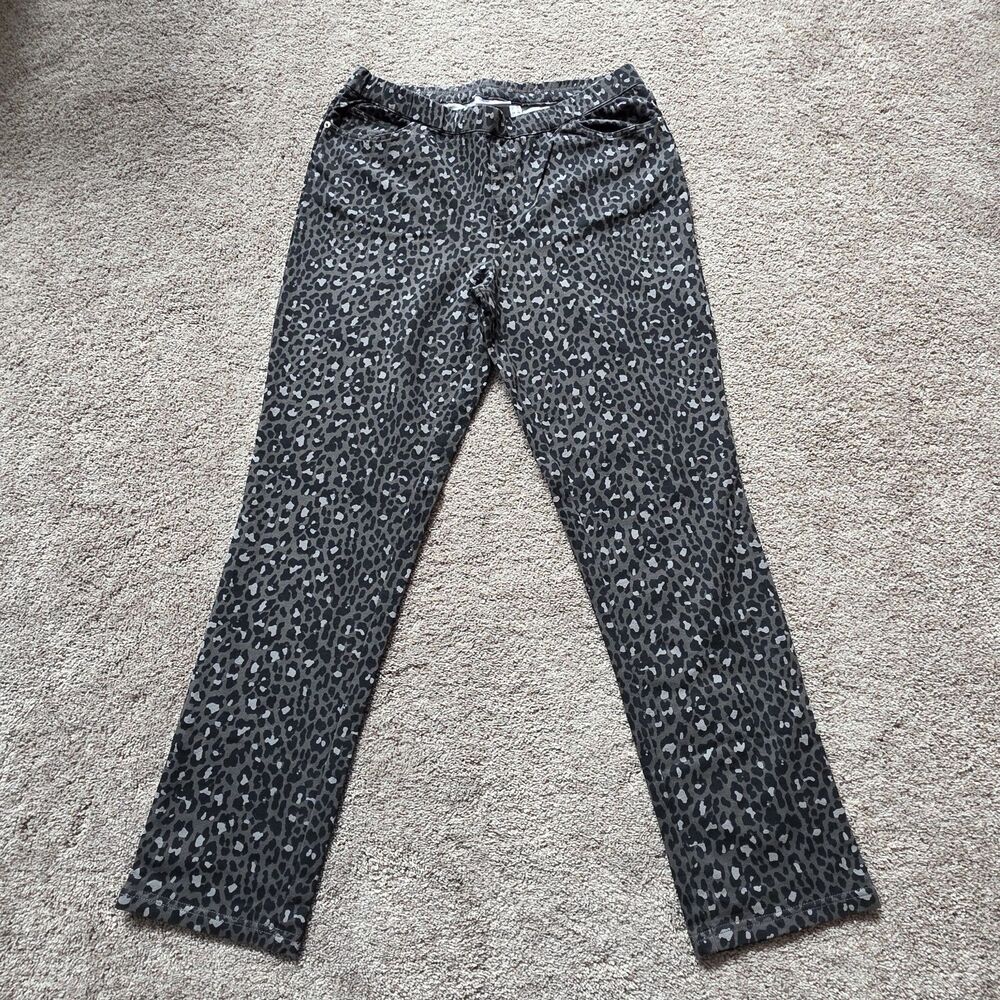 Denim Co Leopard Print Knit Denim Straight Leg Pants 14  Pull On Gray Black NEW